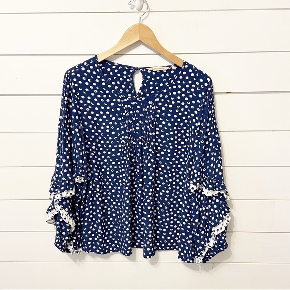 Soft Surroundings | Sonrisa Blue Polka Dot Ruffle Sleeve Blouse Size Large - Picture 2 of 10
